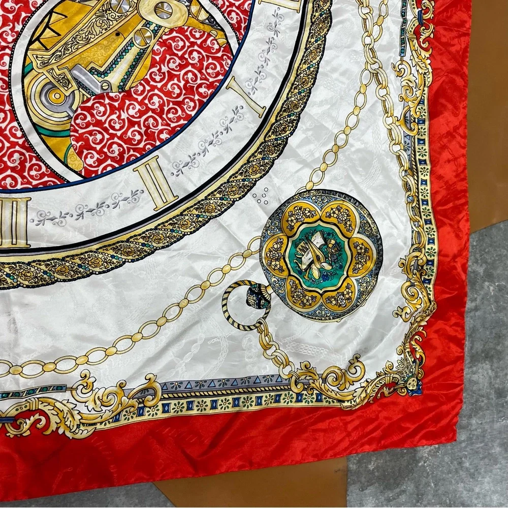 Vintage Silk Scarf Red and Gold Clock Motif Scarf Olpan